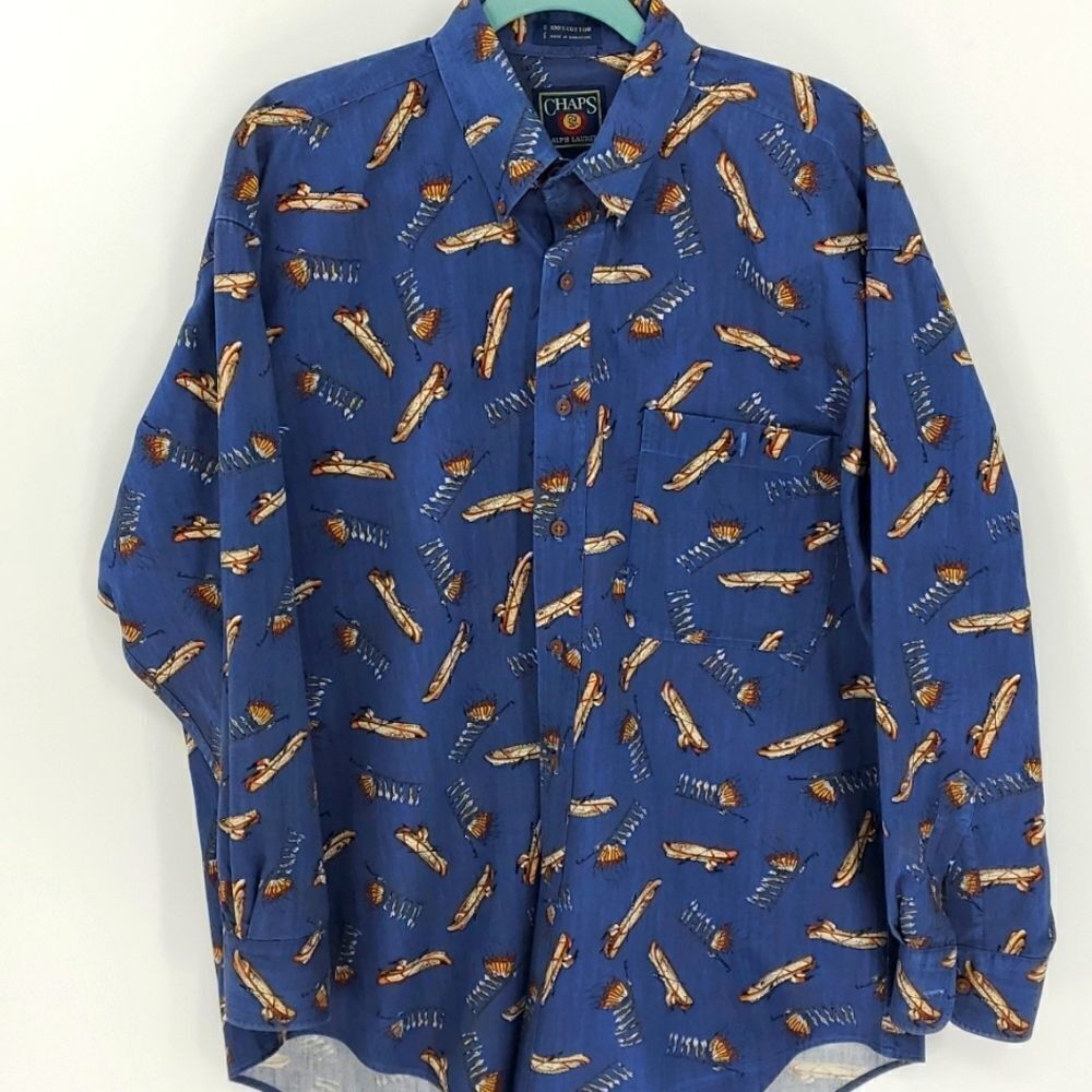 Chaps Ralph Lauren Y2K mens long sleeve shirt. Indian design print, blue. large‎